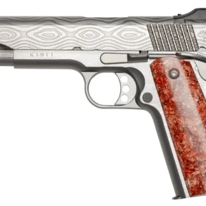 Engraved silver K1911 pistol with red marbled grip