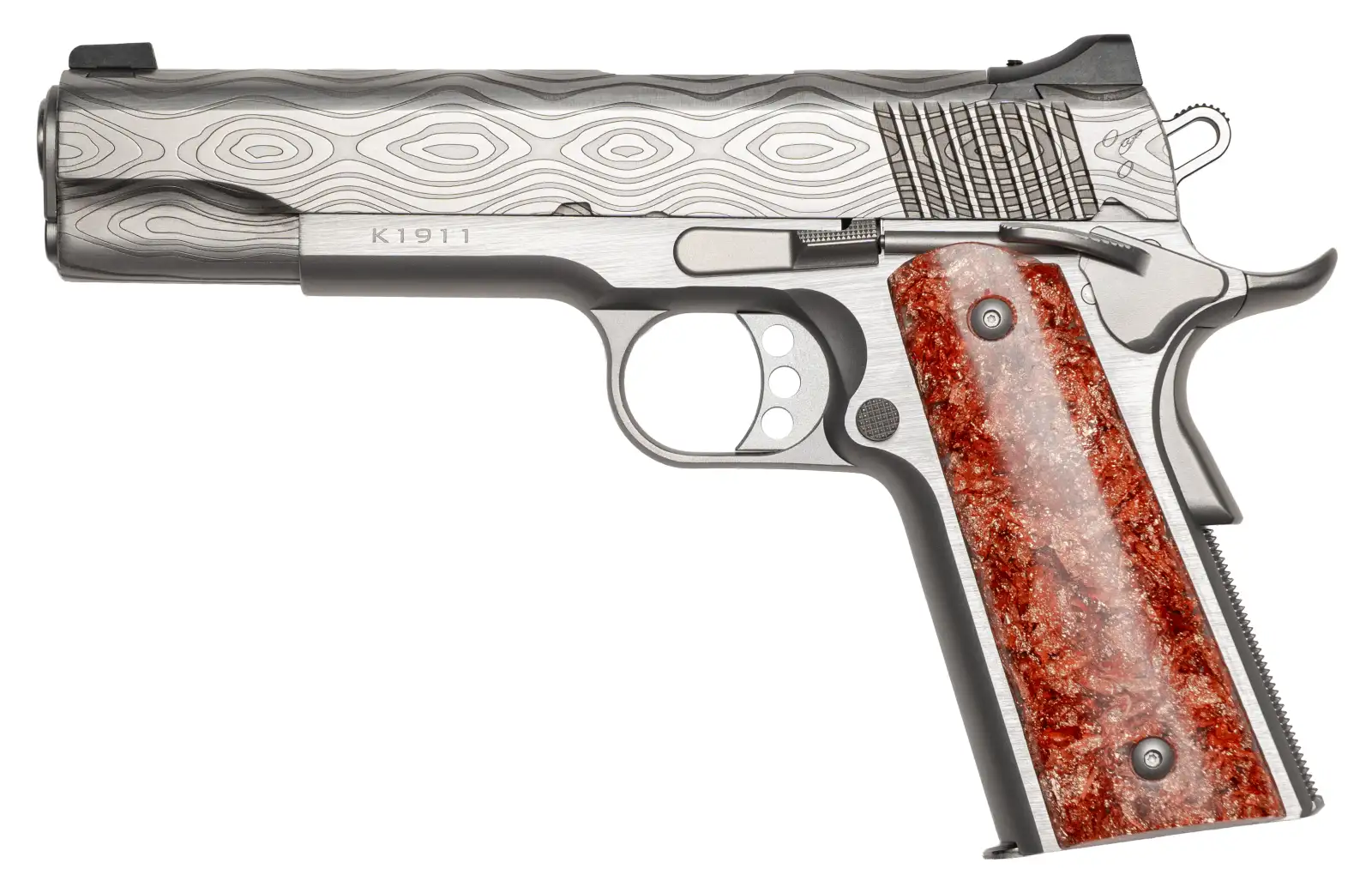 Engraved silver K1911 pistol with red marbled grip