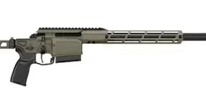 Olive-drab tactical rifle with adjustable stock and long barrel