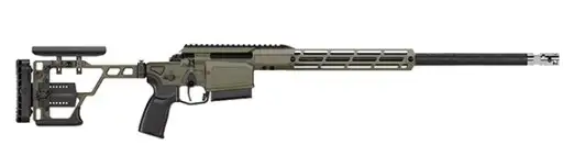 Olive-drab tactical rifle with adjustable stock and long barrel