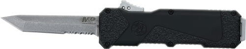 Black OTF knife with partially extended silver blade
