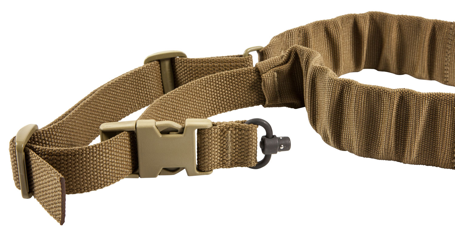 Tan tactical sling with buckle and metal attachment clip