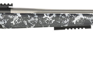 Gray camouflage bolt-action rifle with long stainless steel barrel