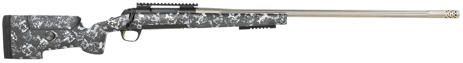 Gray camouflage bolt-action rifle with long stainless steel barrel