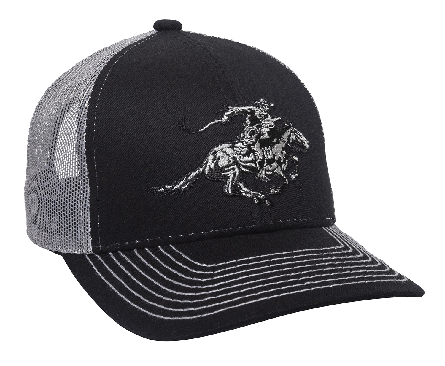 Black and gray mesh trucker cap with embroidered bull rider