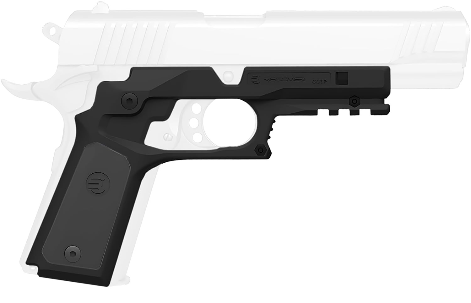Black pistol frame conversion kit on white handgun silhouette