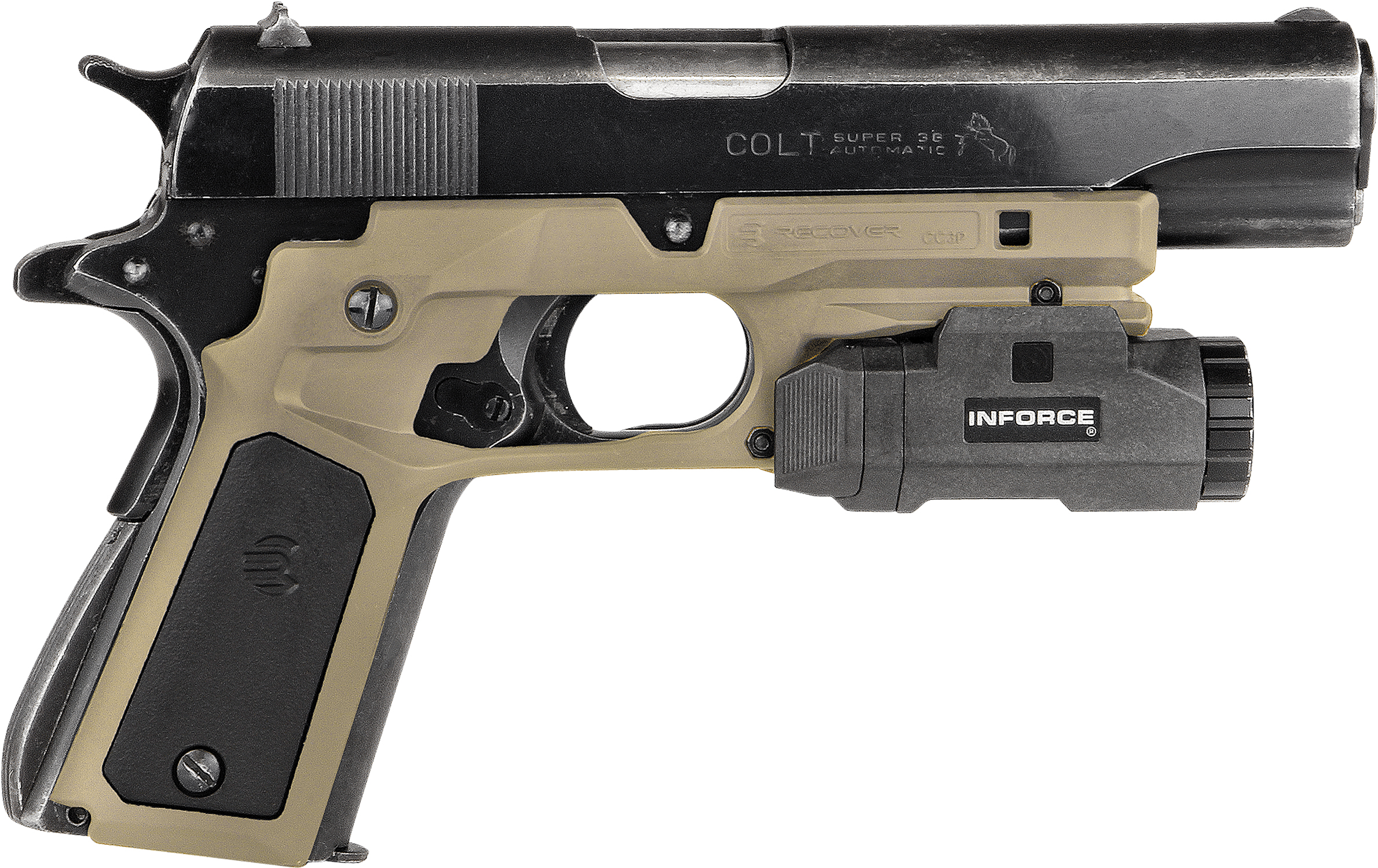 Colt 1911-style pistol with mounted Inforce weapon light