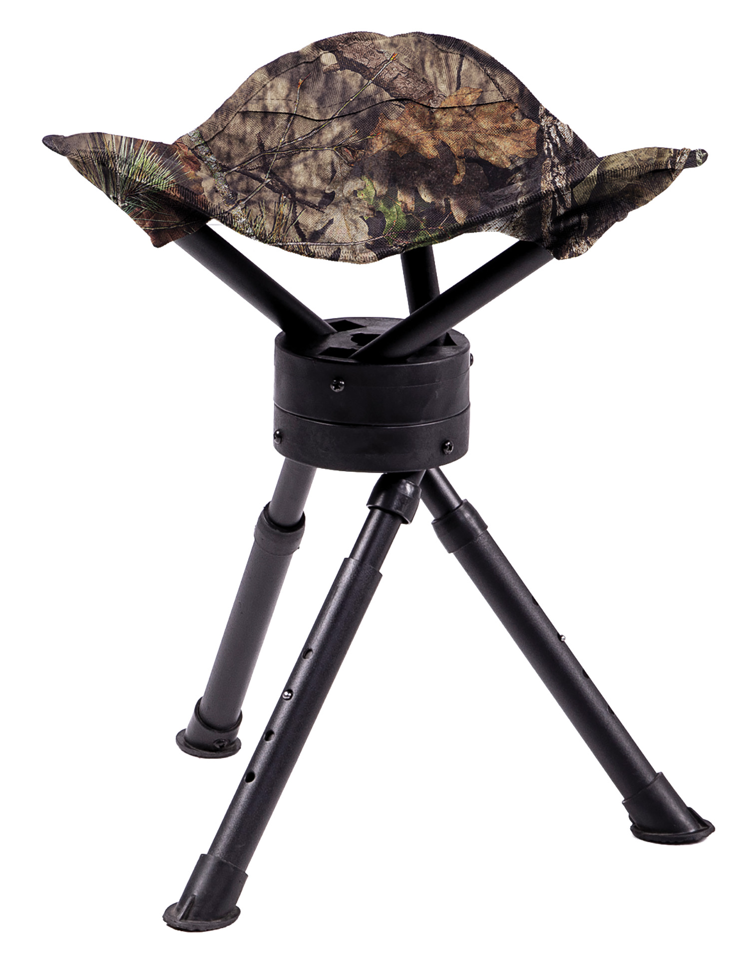 Camouflage folding hunting stool with black tripod legs