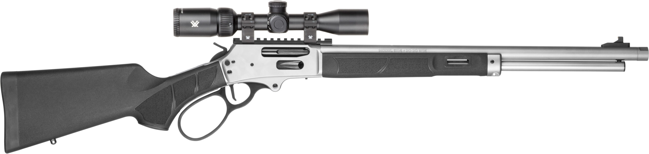 Scoped lever-action rifle on a white background