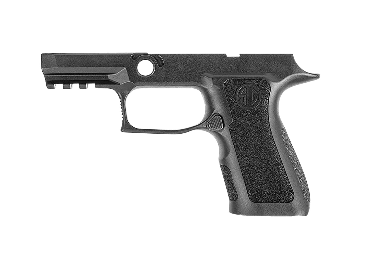 Black polymer pistol frame with textured grip