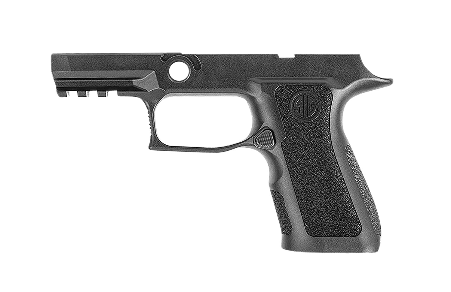 Black polymer handgun frame with textured grip