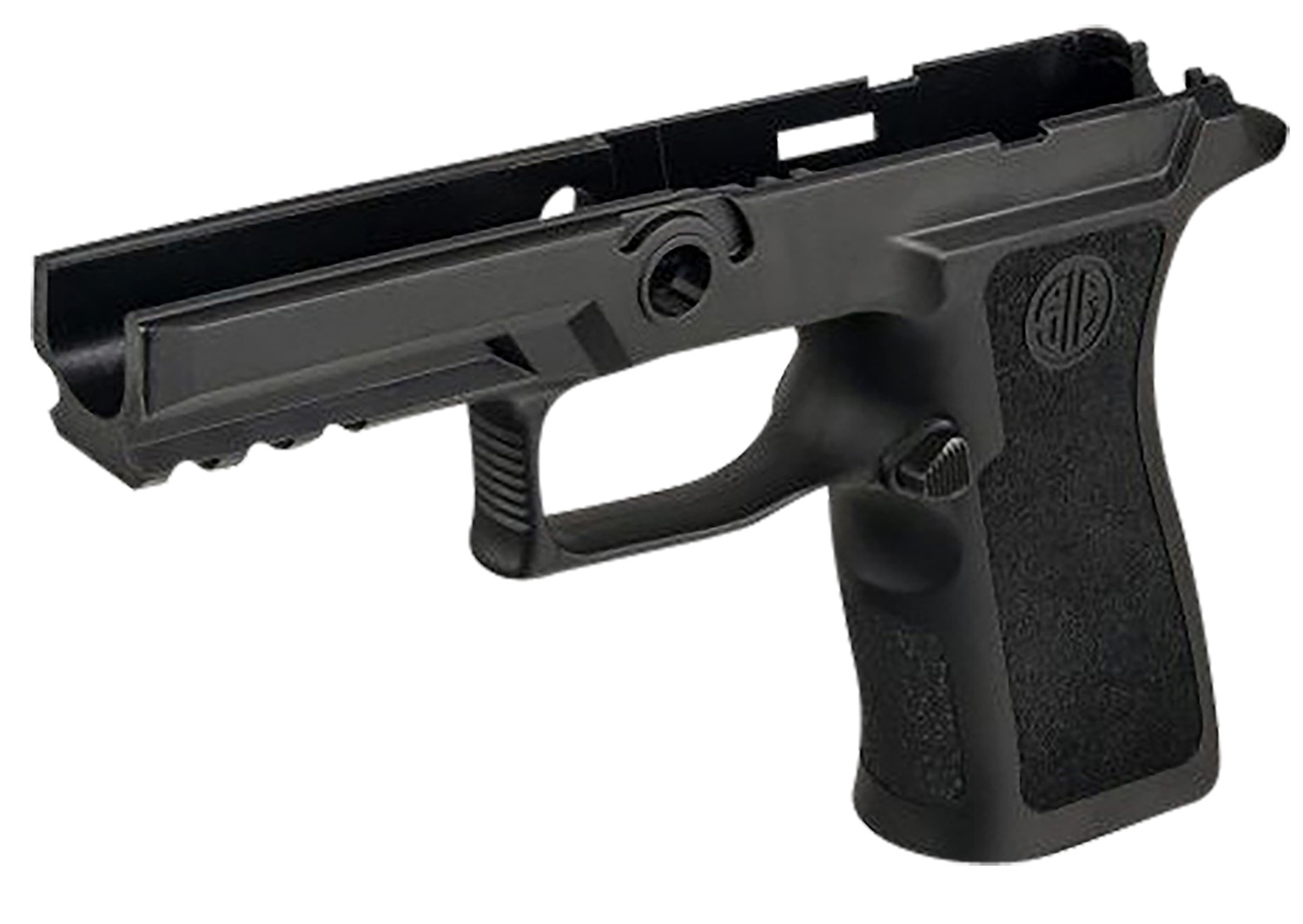 Black Sig Sauer pistol frame with trigger and grip