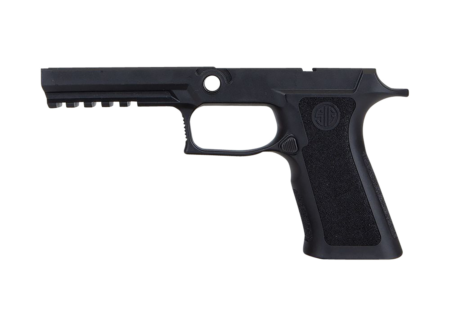 Black Sig Sauer pistol frame with textured grip