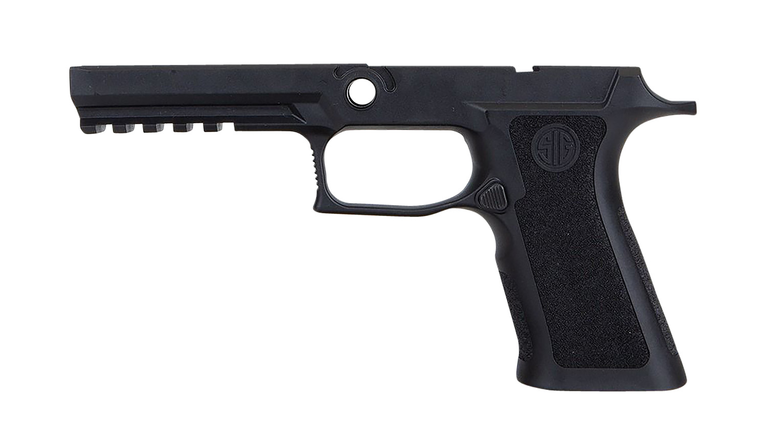 Black polymer pistol frame with textured grip