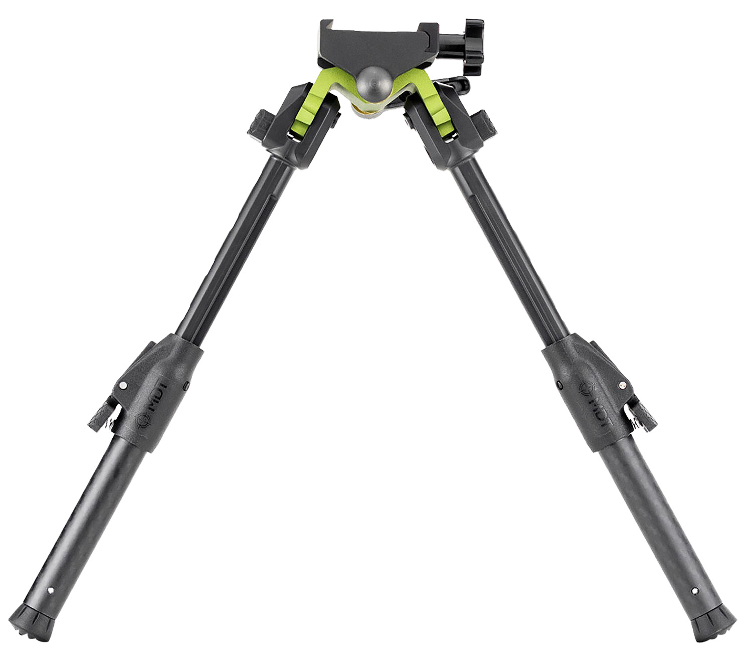 Black and green adjustable shooting bipod on white background