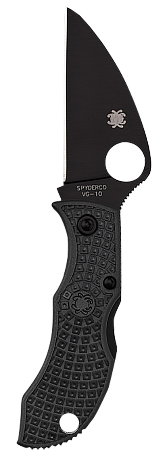 Black folding knife with textured handle and round thumb hole