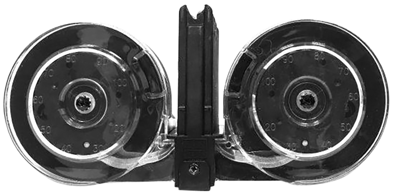 Transparent dual-drum ammunition magazine with central loading tower