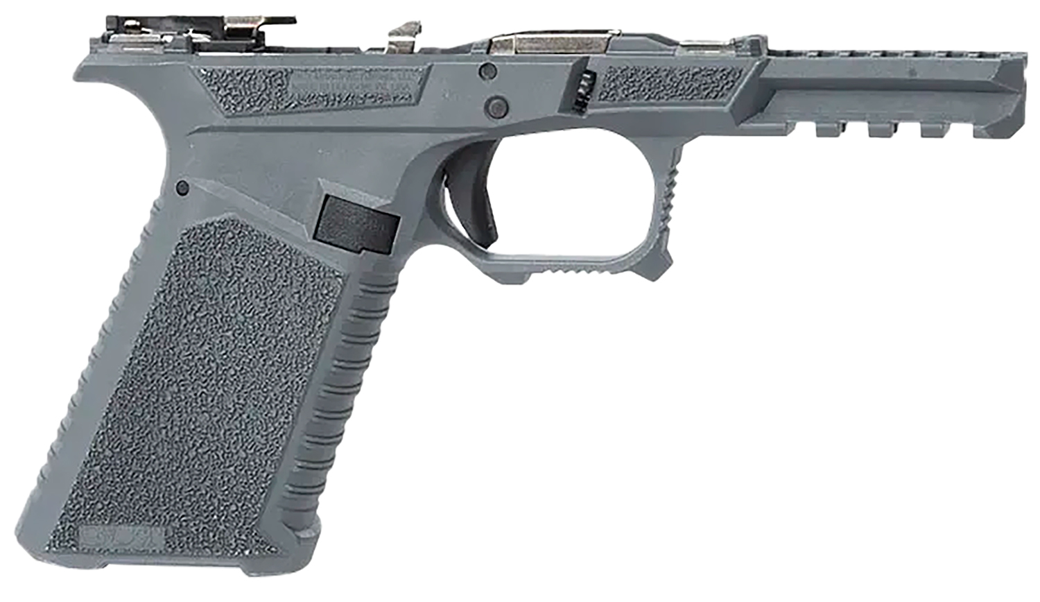 Gray polymer handgun frame with textured grip and trigger