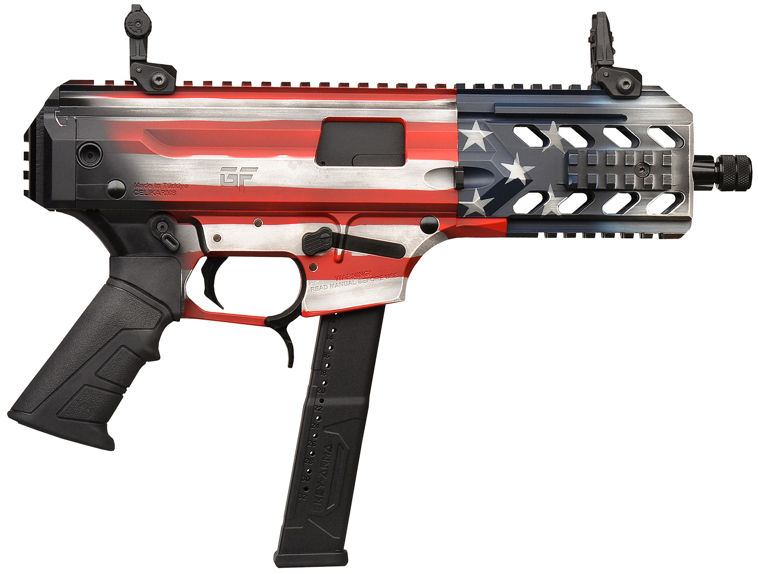 Patriotic red, white, and blue compact firearm