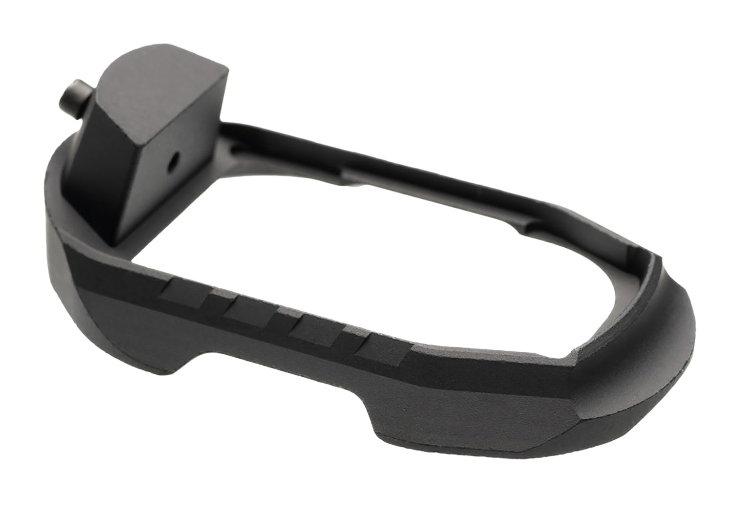 Black molded plastic loop bracket with a raised rectangular mount.