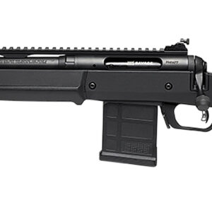 Black bolt-action rifle with magazine and adjustable stock
