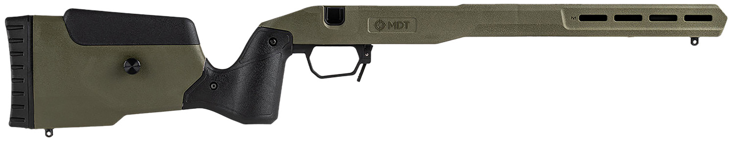 Olive green MDT rifle chassis stock side view