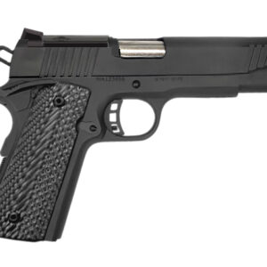 Black 1911-style semi-automatic pistol on white background