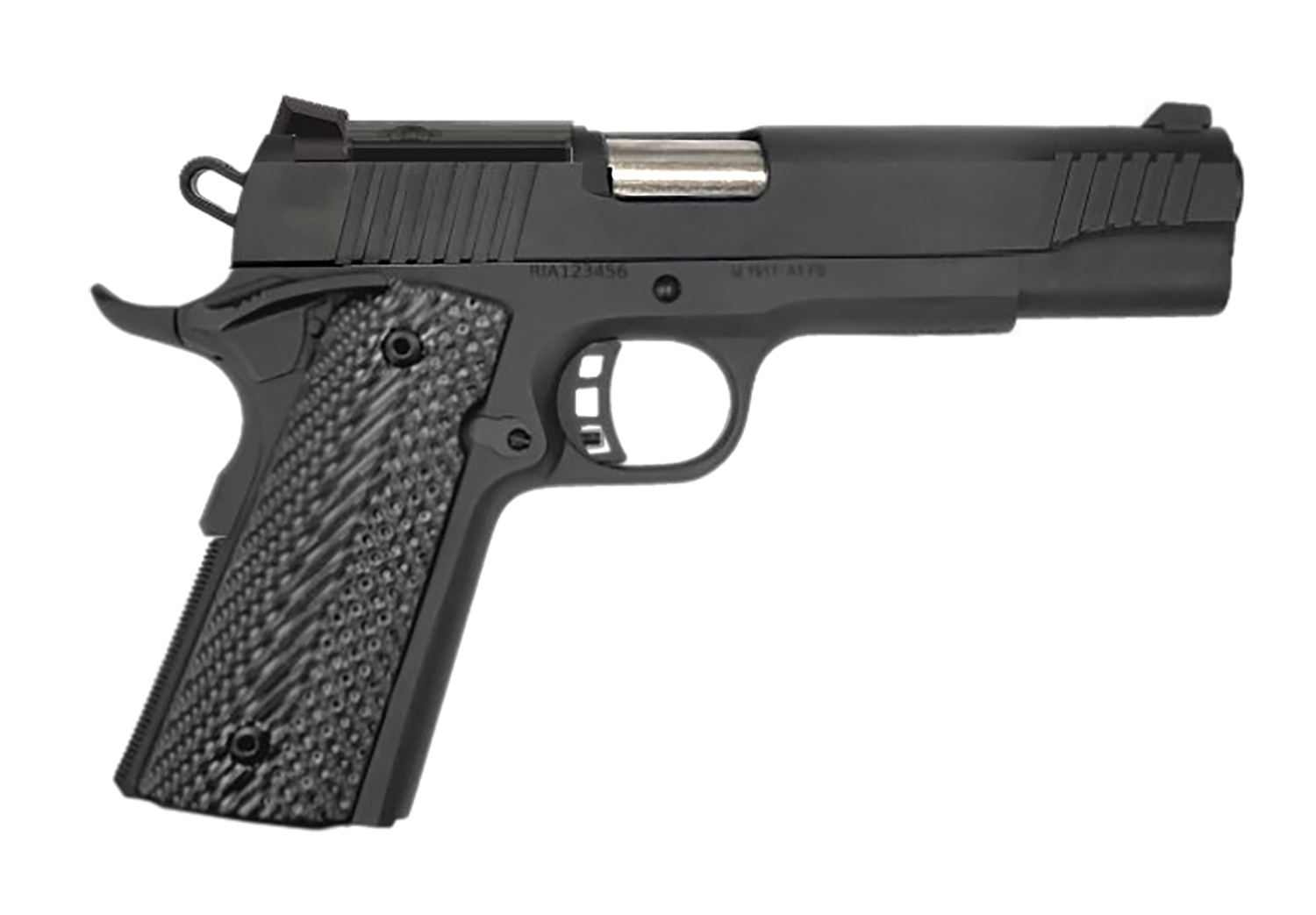 Black 1911-style semi-automatic pistol on white background