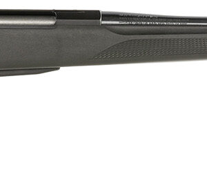 Black bolt-action rifle with synthetic stock and long barrel