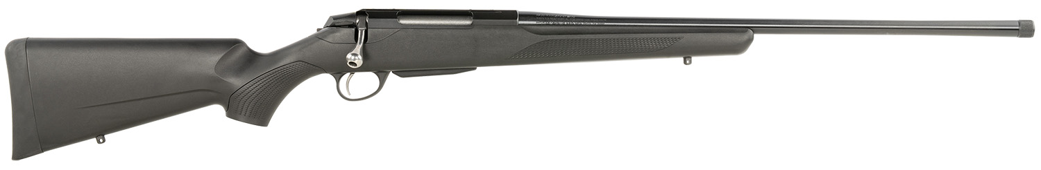 Black bolt-action rifle with synthetic stock and long barrel