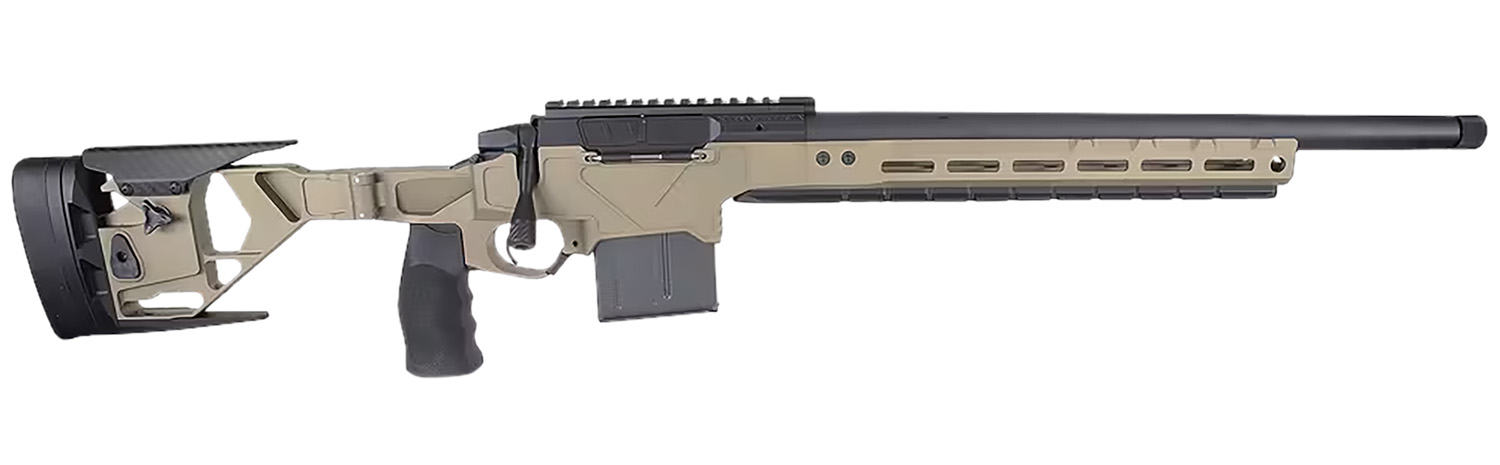 Tan bolt-action precision rifle with black barrel and stock