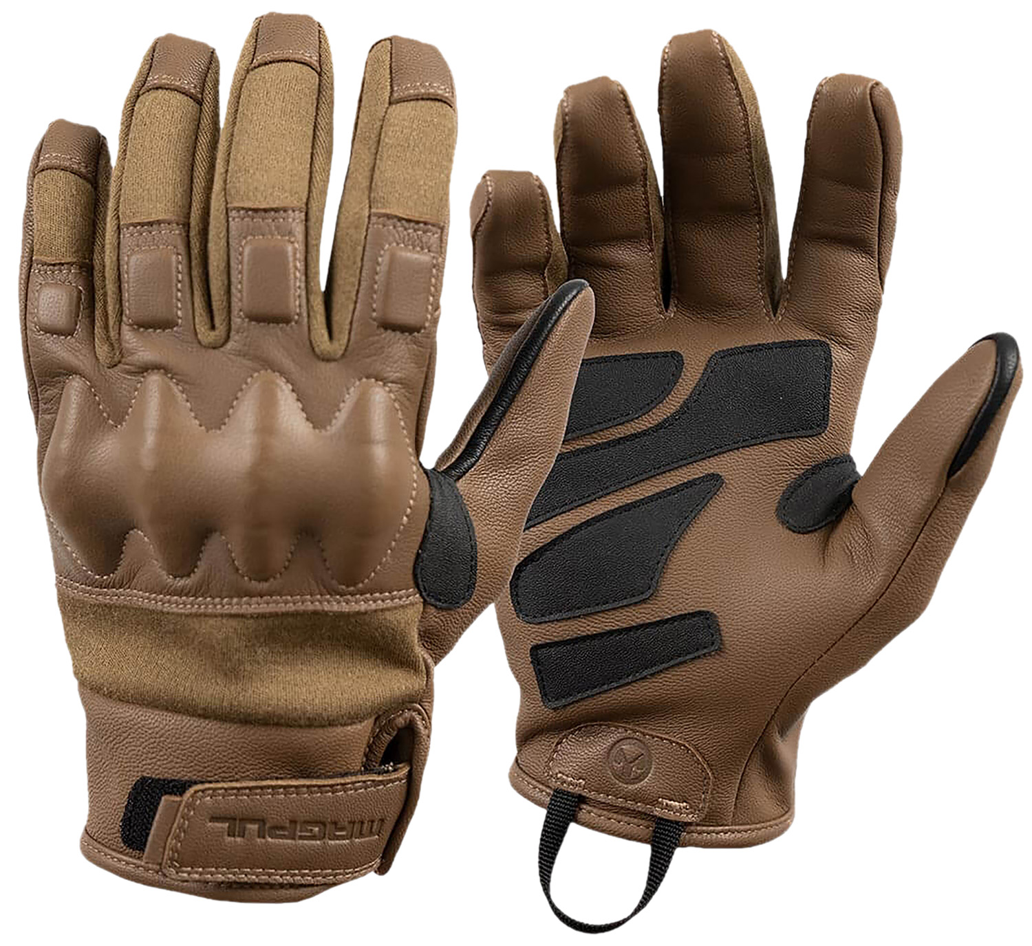 Brown tactical gloves with reinforced knuckles and padded palms