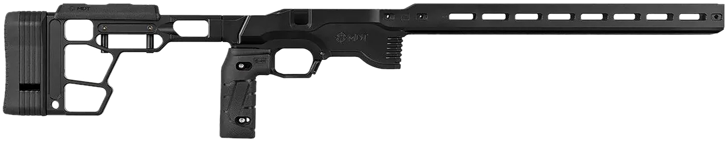Black MDT chassis stock for a precision rifle