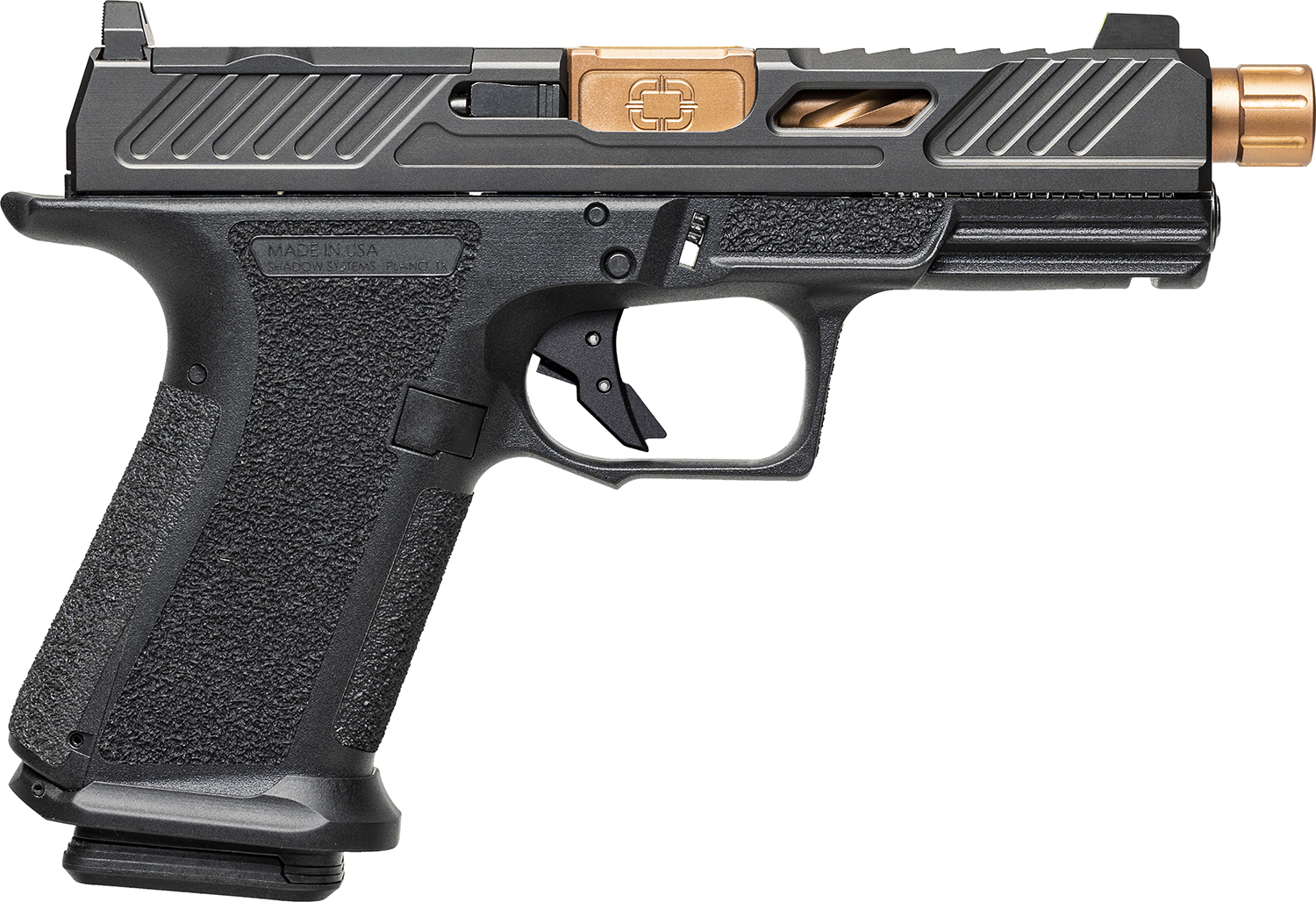 Black and gold customized semi-automatic handgun side view