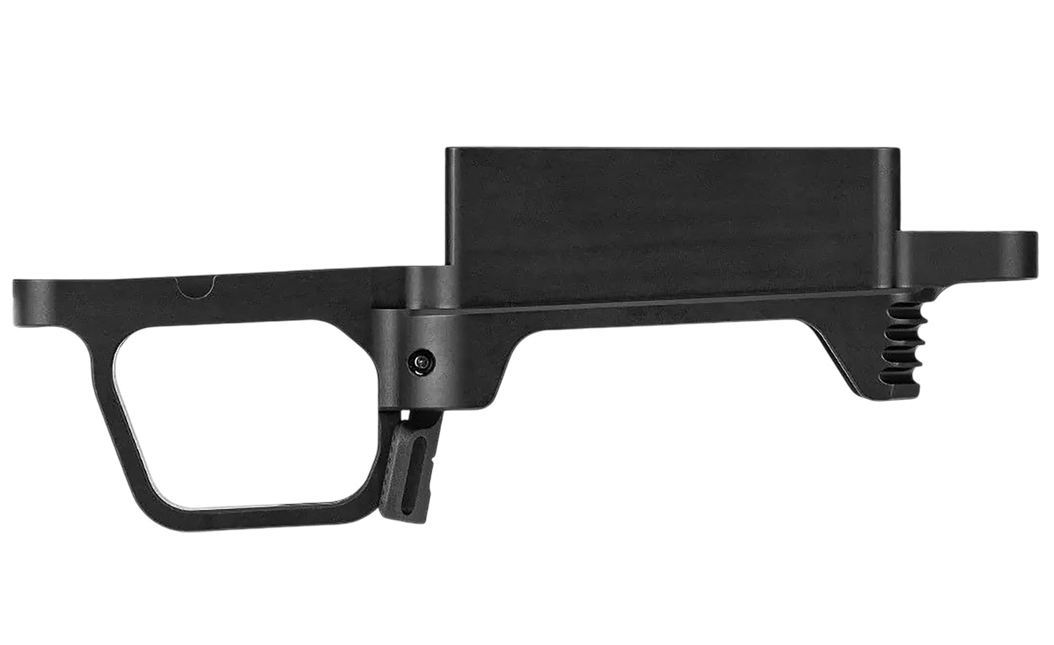 Black metal firearm trigger housing component on white background