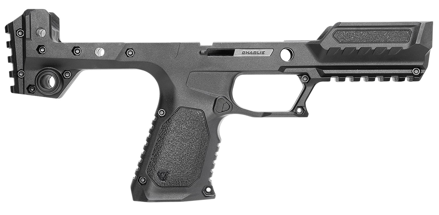 Black tactical firearm chassis frame with pistol grip