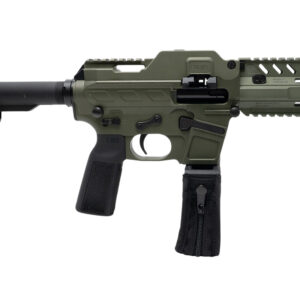 Olive green compact semi-automatic firearm with folding brace