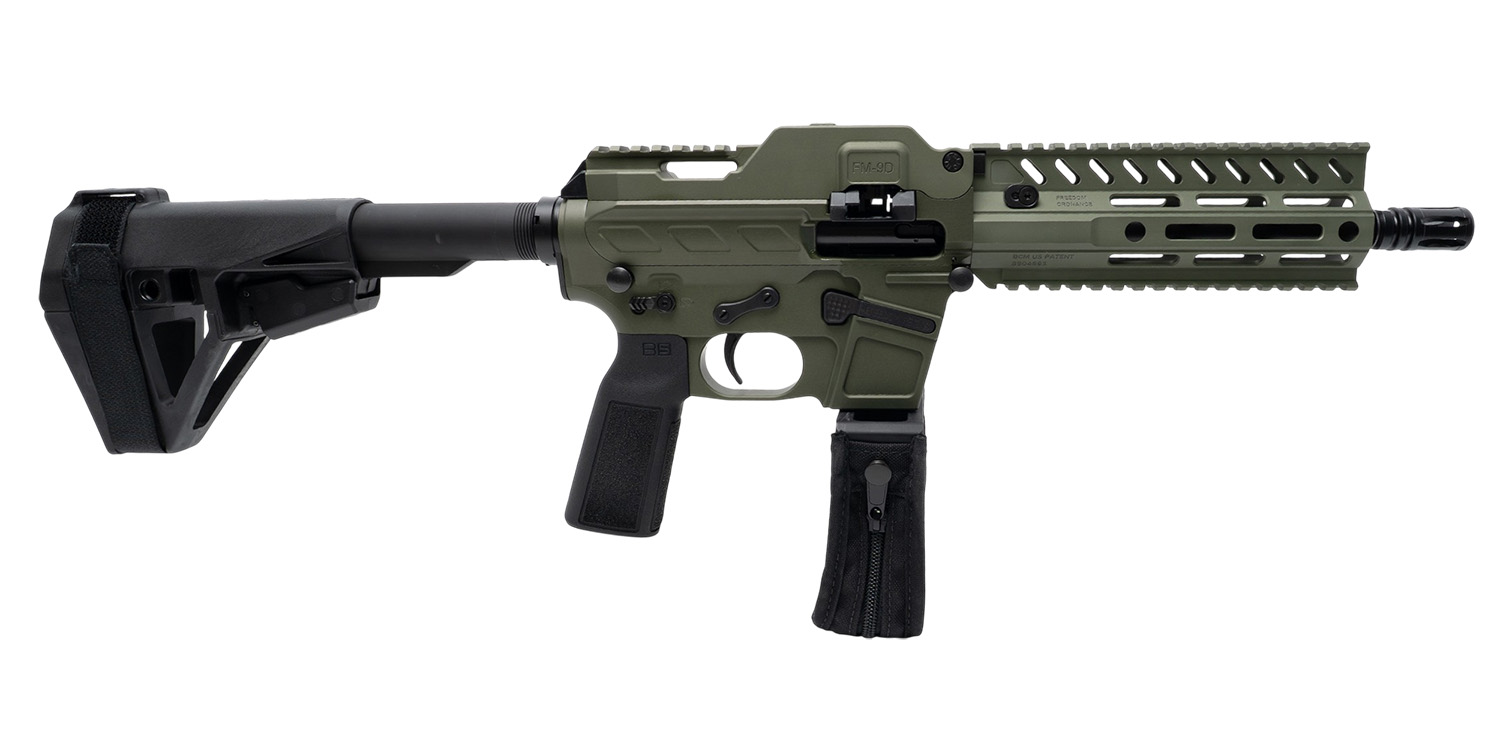 Olive green compact semi-automatic firearm with folding brace
