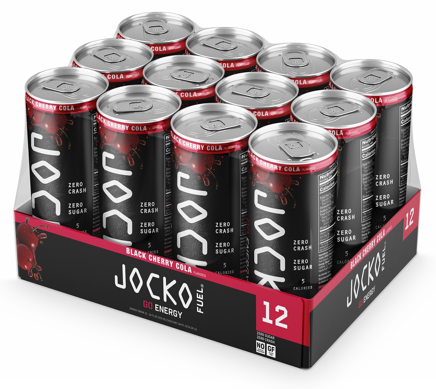Twelve-pack of Jocko Fuel black cherry cola energy drinks