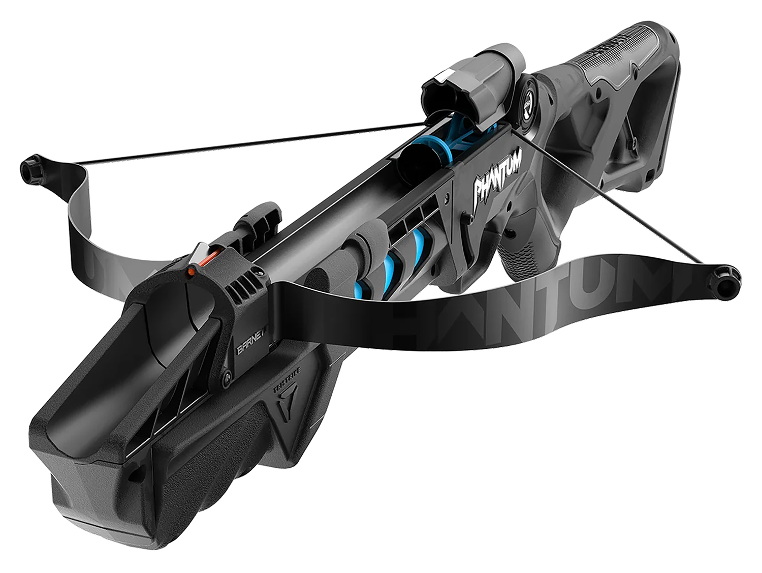 Black Barnett Phantom crossbow with blue accents and extended limbs