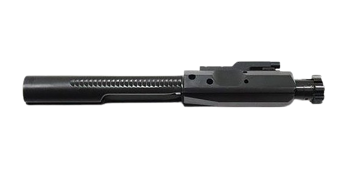 Black firearm bolt carrier group on white background