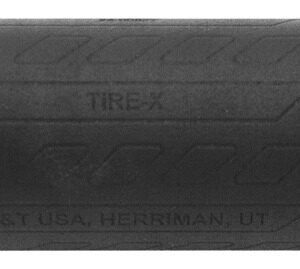 Black TIRE-X firearm suppressor with textured cylindrical body