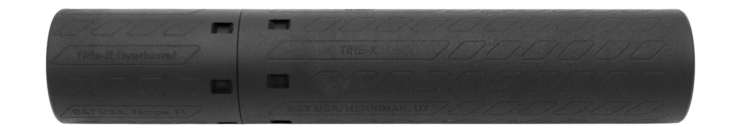 Black TIRE-X firearm suppressor with textured cylindrical body