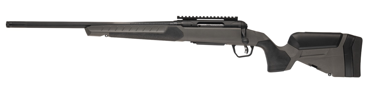 Black bolt-action rifle with adjustable synthetic stock