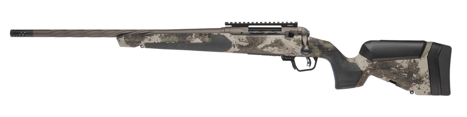 Camouflage bolt-action rifle with muzzle brake on white background