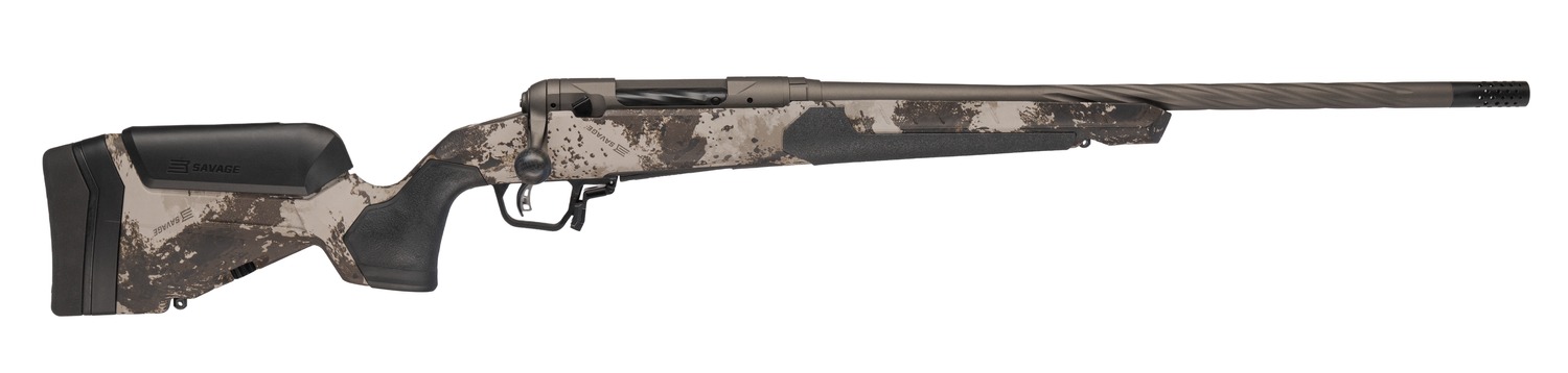 Camouflage Savage bolt-action rifle with threaded barrel