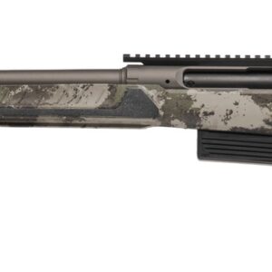 Camouflage bolt-action rifle with long barrel on white background