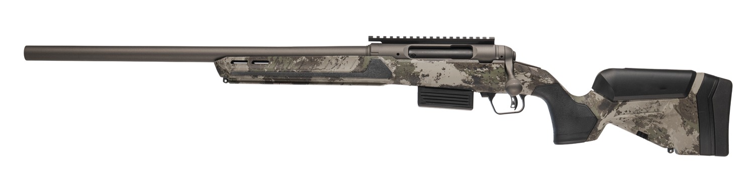 Camouflage bolt-action rifle with long barrel on white background