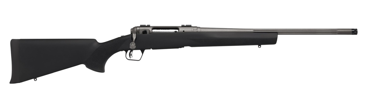 Black bolt-action rifle with synthetic stock and long barrel