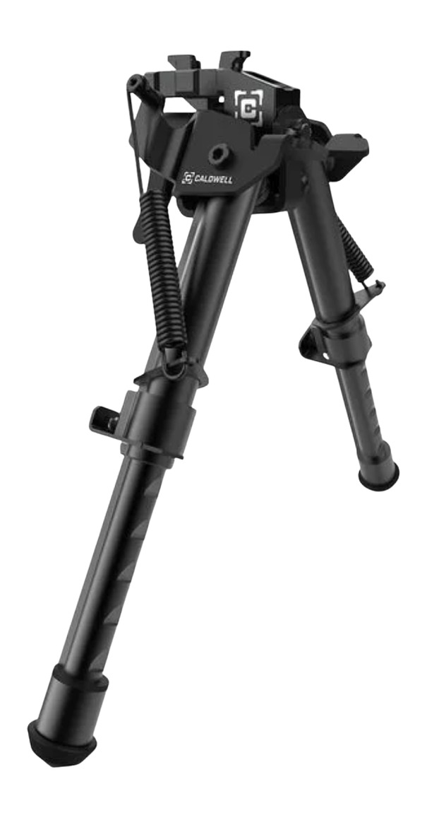 Black adjustable rifle bipod with spring-loaded legs